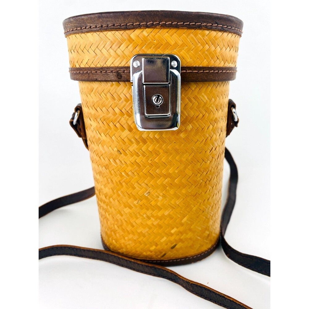 Vintage 1980s Bamboo and Leather Cylindrical Canteen Crossbody Unisex Rustic